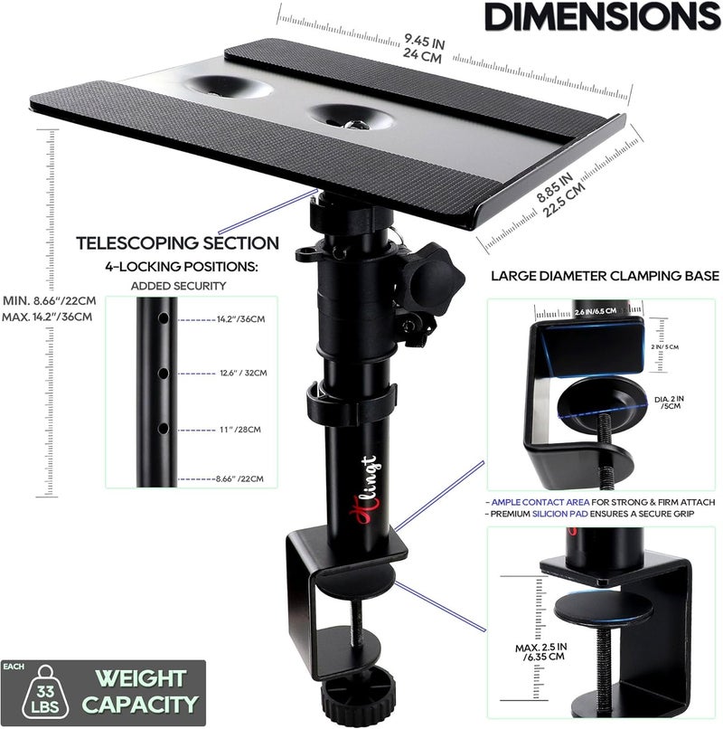 Tlingt Support Tlingt Studio Monitor and Speaker Stand Pair, Clamp-on Desk Speaker Stand, 9.5"x 8.9" Metal Tray, -10° to +10° Tilt Angle, Fits for Wide Range of Monitor Speakers, Bookshelf Speakers, Laptops. - Image 2